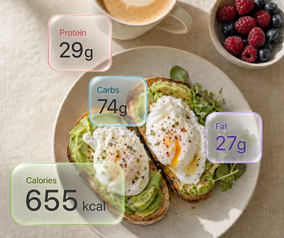 Avocado toast with two poached eggs, a flat white and a bowl of raspberries and blueberries on pale linen, with frosted glass cards reading Calories 655 kcal, Protein 29 g, Carbs 74 g and Fat 27 g.